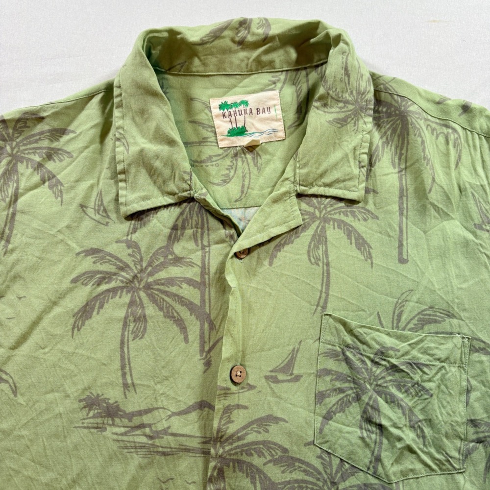 Kahuna Bay Tropical Palm Tree Shirt Mens Large Green Viscose Short Sleeve Beach